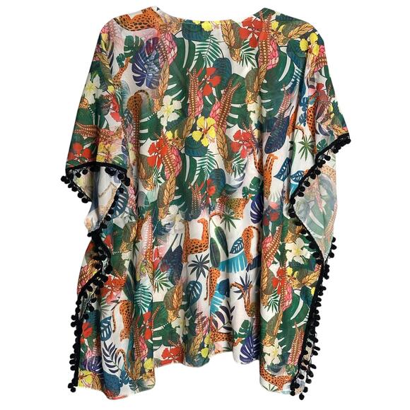 Lulla Collection by Bindya Tropical Animal Print Kimono Coverup Pom Fringe NWOT - Picture 2 of 12